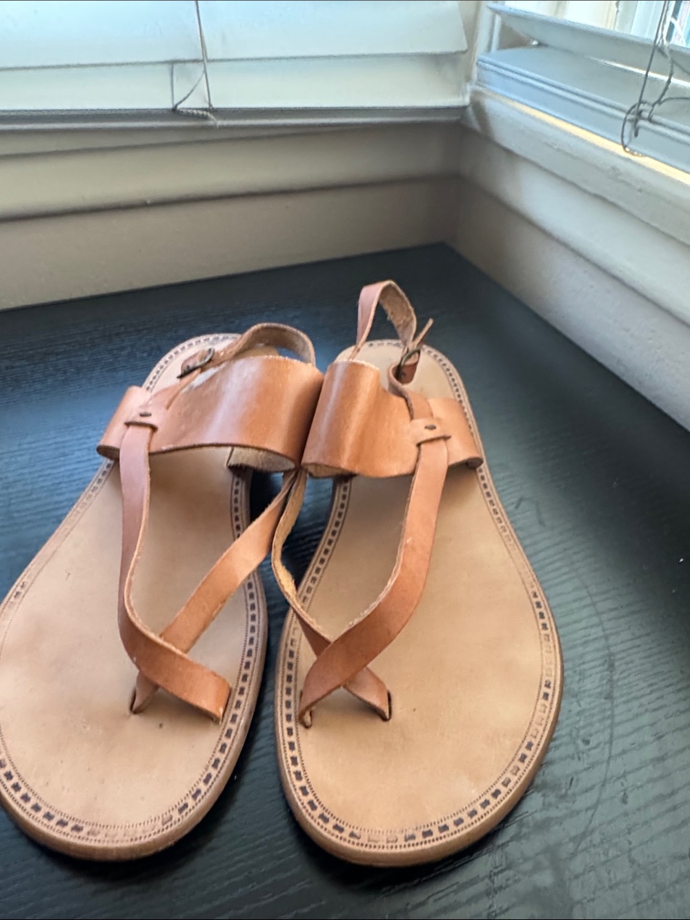 Mila Paoli Cognac Brown Leather Thong Sandals